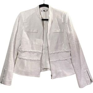 Tahari White Tweed Fringe Zip-Front Blazer